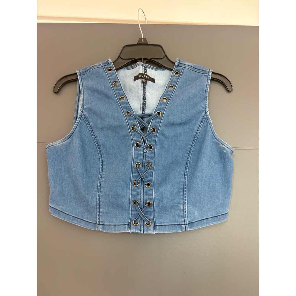 Guess‎ Denim Lace Up Crop Top Vest Medium Wash Blue W8FHP3D1WT3 Womens Medium